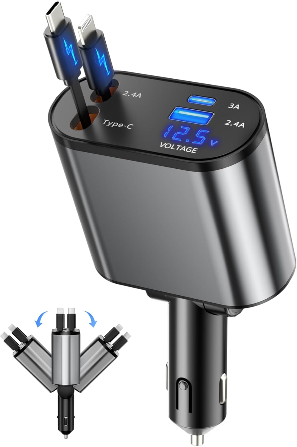 4-in-1 Retractable Car Charger | Fast Charging USB + Type-C for iPhone & Android – LED Voltage Display